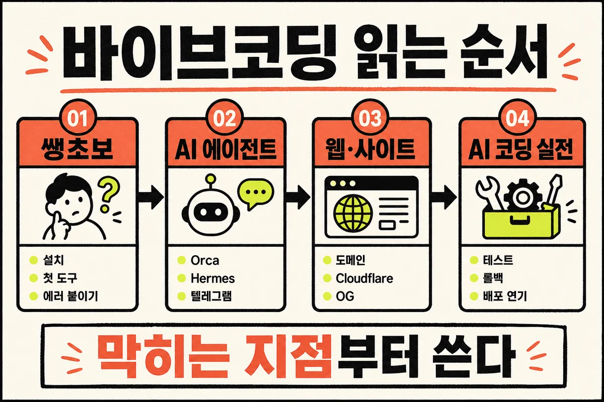 바이브코딩 읽는 순서: 입문, AI 에이전트, 웹·사이트, AI 코딩